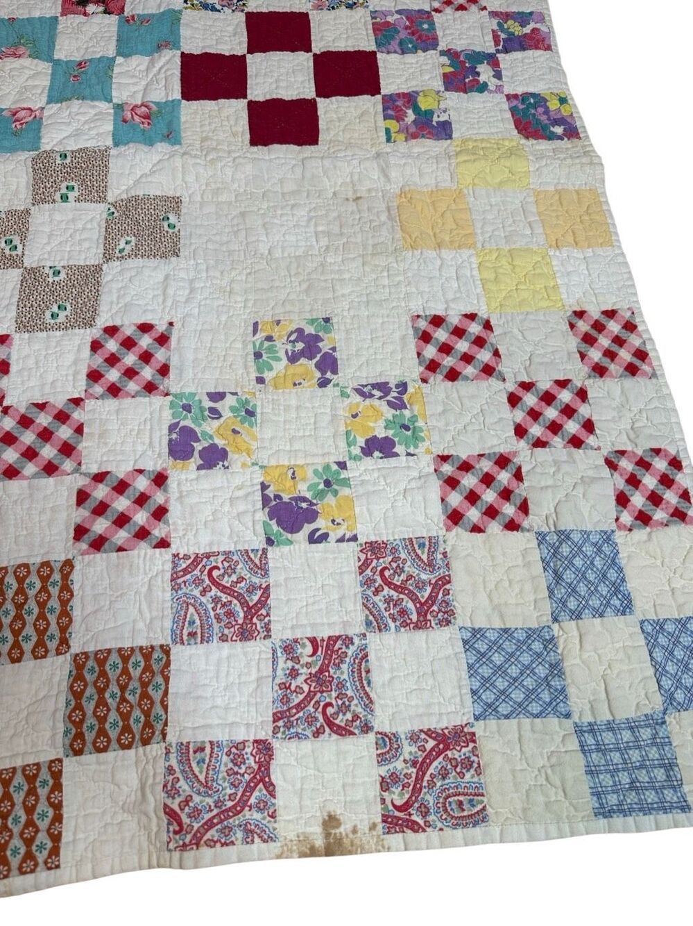 Handmade Vintage Square Pattern Baby Quilt 31” x 45.5”